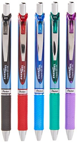 Pentel BLN75BP5M Gelschreiber, einziehbar, 0,5 mm, Metallspitze, verschiedene Tintenfarben, 5 Stück