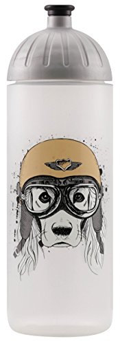 Original ISYbe Marken-Trink-Flasche für Kinder und Erwachsene, 700 ml, BPA-frei, Hund mit Helm-Motiv, geeignet für Schule-Reisen-Sport & Outdoor, Auslaufsicher auch mit Kohlensäure, Spülmaschine-fest