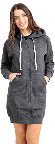 GW CLASSY OUTFIT Women Ladies Long Hoodies Plain Zip Up Ladies Long Sleeves Fleece Longline Hoodie Casual Jacket Hooded Coat with Pockets (L-XL 16-18, Charcoal Long)