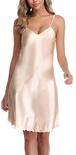 Vlazom Chemise Nuisette de Nuit Femme Satin Sexy Bretelles Reglables Robe de Nuit,Champagne,S