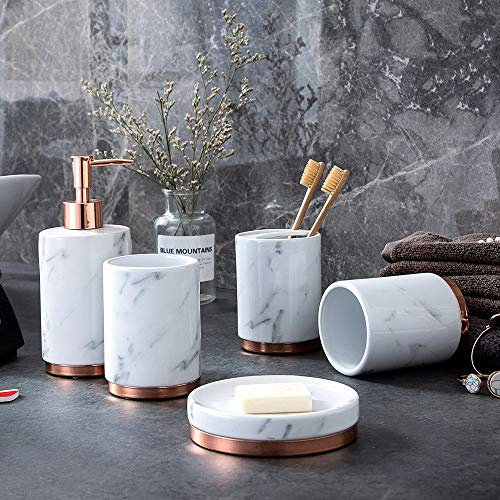 Lot de 5 Accessoires de Salle de Bain Motif en Marbre Base en Plaqué Or Rose Salle de Bains Kit Lotion de Bouteilles, Porte-brosses à Dents, de Gobelet, Porte-Savon