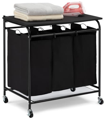 HollyHOME Carrito clasificador de ropa sucia con tabla de planchar plegable con 3 bolsas extraíbles, cesta clasificadora, color negro