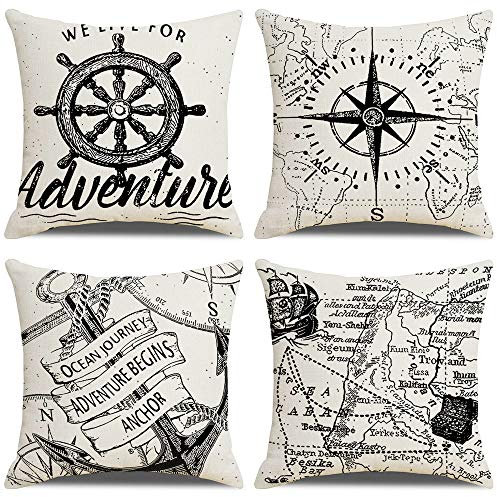 CALIYO Kissenhülle 50x50 cm 4er Set, Kissenbezug Leinenlook für Zierkissen Dekokissen Sofakissen Couchkissen, Kissenbezüge Bedruckt Adventure Schatzsuche（Adventure）