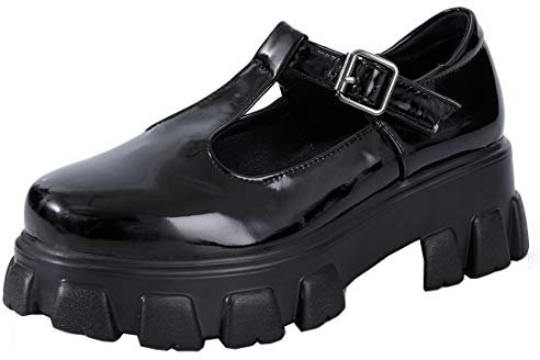 Birdsight Escarpins Femme Mary Jane Talon Bloc Plateforme Laniere en T Bride Cheville avec Boucle Chic (Noir Cuir Verni 35)