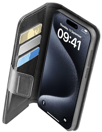 cellularline - Book Agenda - iPhone 15 Pro Max - Eleganz und Funktionalität in Einer Lösung - mit integrierter antibakterieller Microban-Technologie - Schwarz