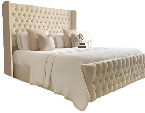 RN Interiors Cream Plush Velvet Wingback Sleigh Bed – Chesterfield Style, 5FT King Size (125cm High Headboard, Without Mattress or Storage)