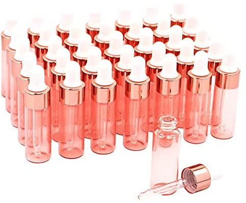 USRommaner 35 Pack,5ml Pink Glass Essential Oil Sample Dropper Bottle,Empty Glass Dropper Vials With Rose-Gold Cap,Glass Pipette Liquid Travel Perfume Holder jar Container-Pipette,Funnel,included,