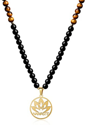COAI Geschenkideen Unisex Verstellbare 108 Mala Yoga Halskette Gebetskette mit Namaste Anhänger aus Tigerauge und Obsidian