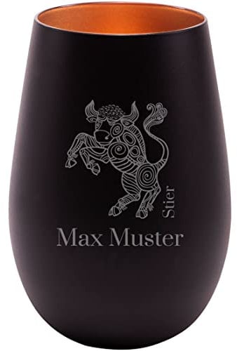 Manutextur Glas schwarz - Motiv Sternzeichen Stier - graviert - personalisiert - persönliches Geschenk - schwarz/Bronze - MotivNr 1005
