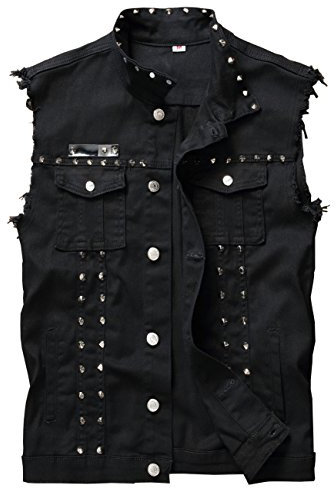 DSDZ Men's Punk Denim Vest Sleeveless Jean Jackets With Rivets, Black, XL
