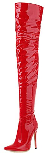 CuteFlats Stivali da donna alla coscia/sopra il ginocchio con tacco a spillo e punta temperamatite per feste/appuntamenti, Colore: rosso, 38 EU