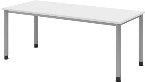 bümö höhenverstellbarer Schreibtisch H-Serie 180x80 cm in weiß, Gestell in Silber - großer PC Tisch für's Büro manuell höhenverstellbar, Computertisch verstellbar