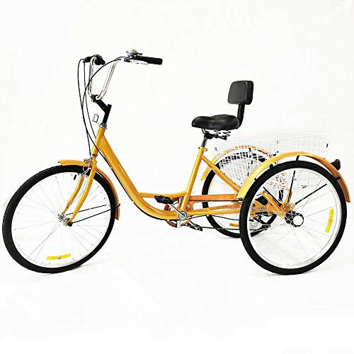 Futchoy Dreirad für Erwachsene 24 Zoll 6 Gänge 3 Rad Cruiser Bike Mit Einkaufskorb für Fußgängertransport Leute Ziehen Und Laden Verstellbarer Sitz Dreirad Cruise Bike (gelb)