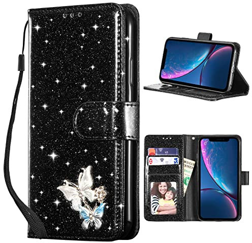 UEEBAI Wallet Case for iPhone XR, Premium Sparkly Glitter PU Leather Phone Case Card Slots Kickstand Case Magnetic Closure Bling Case Shiny Flip Cover with Wrist Strap - Black