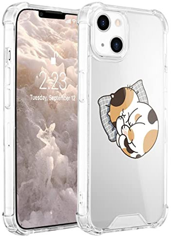 Idocolors Clear Kawaii Cat Phone Case for iPhone 13 mini Shockproof Slim Phone Case Hard Plastic Back + TPU Soft Bumper with Air Cushion Protective Cover for Kids Women