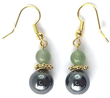 Coppia di orecchini in vera pietra con ematite e giada verde. Montaggio placcato oro, chiusura con ganci americani e chiusure in silicone in omaggio, PIETRE, HEMATITE