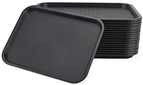 JAPCHET Paquete de 18 bandejas rectangulares de plástico Negro para Alimentos, 35 x 27 cm, Modernas, Resistentes y Antideslizantes, hoteles, restaurantes y cocinas