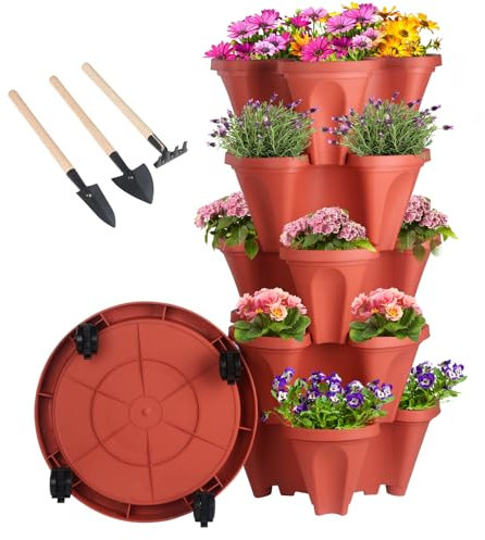 Vertikaler Pflanzgefäß, 5 Etagen, stapelbar, für den Garten, Erdbeere, Kräuter, Blumen und Gemüse, Pflanzgefäß für drinnen und draußen, Gartentöpfe mit abnehmbaren Rädern und Werkzeugen
