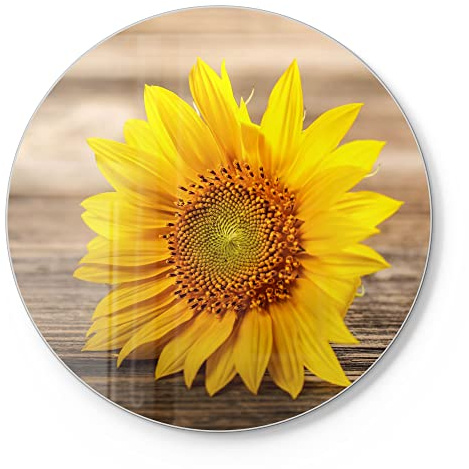 DEQORI Schneidebrett aus Glas | rund Ø30 cm | Motiv Sonnenblume auf Holz | Design Schneideplatte für Küche | Frühstücksbrett antibakteriell & rutschfest | Glasplatte & Servierplatte