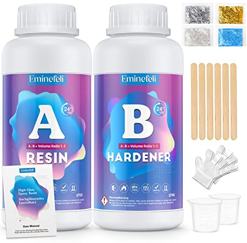 Epoxidharz mit Härter 34oz, Epoxidharz Set Anfänger 1:1 Gießharz Resin Profi Qualität glasklar & Blasenfrei für Kunsthandwerk Schmuck Holz Tisch Formenbau Kunstprojekt Malerei Handwerk & Deko