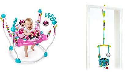 Bright Starts, Disney Baby, Minnie Mouse Peekaboo Baby Activity Jumper & Bouncer, Interactive Play Centre with Lights and Melodies & Door Jumper - Bounce 'n Spring Deluxe with Padded Seat