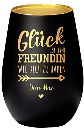 4you Design Windlicht Personalisiert mit Namen Glück ist einen Freundin (Metall-Schwarz-Gold), Teelichthalter als Freundegeschenk zum Valentinstag, Spülmaschinengeeignet