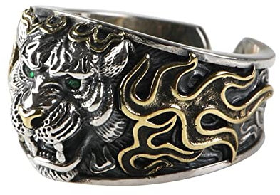 Mesnt Ringe Herren Silber, 925 Sterling Silber Tiger Ring MännerSilber, Größe Einstellbar