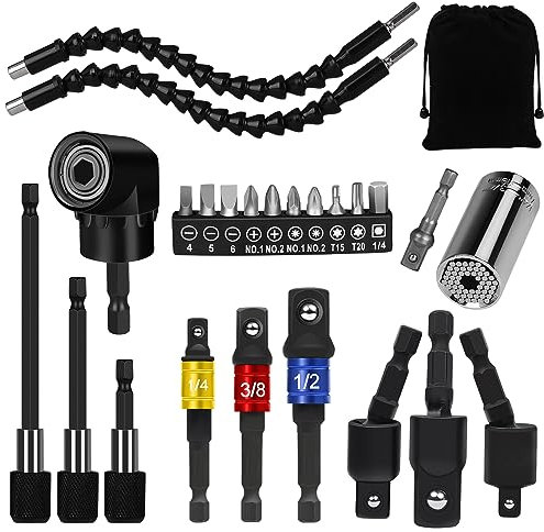 Flexible Drill Bit Extension Set, 105° Right Angle Drill Attachmen, Rotatable Joint Socket 1/4 3/8 1/2 In Hex Socket Adapter, Bendable Drill Bit Extension, Bit Holder Extension Screwdriver Bit Kit