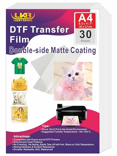 Lucky Bridge DTF-Transferfolie, A4, 30 Blatt, A4 (21,1 x 29,7 cm), doppelseitig, matt, transparent, für Epson DTF-Drucker, PET-Wärmetransferpapier für DYI Direktdruck auf T-Shirts, Textil – US (A4-30
