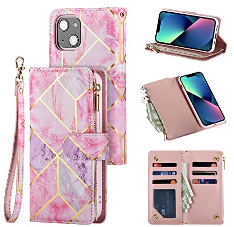 UEEBAI Wallet Case for iPhone 15 Plus 6.7 inch, Premium PU Leather Magnetic Closure Geometric Marble Pattern Handbag Zipper Pocket Case Kickstand Card Holder Slots Shockproof Flip Cover - Pink&Purple