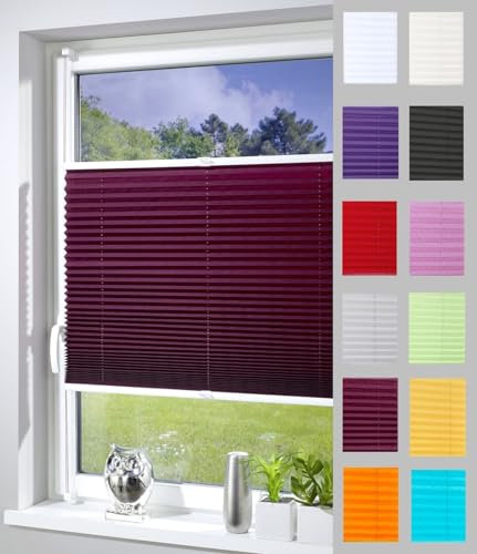 DécoProfi Plissee ohne Bohren Bordeaux 55cm x 220cm (max. Gesamthöhe Fensterflügel) I Verspannte Plissees nach Maß mit Klemmträger/Klemmfix I Blickdichte Innenrahmen-Plissees zum Klemmen