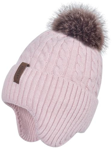 FENELY Damen Knit Pom Beanie Mütze Winter Warm Fleece Gefüttert Skull Cap für Frauen, Pink, Einheitsgröße