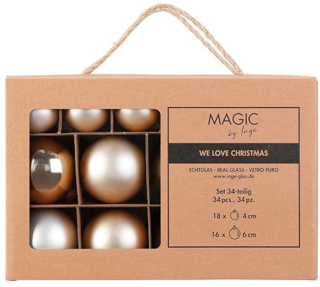 Inge Glas Weihnachtskugeln | Große Kugelbox mit 34 Kugeln | 4cm & 6cm große Christbaumkugeln (Cloud Dancer | Natur)