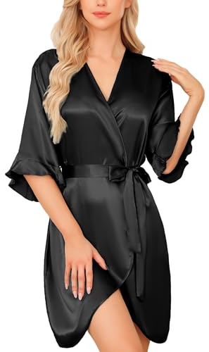 Lovasy Women's Satin Dressing Gown Short Ruffle Sleeve Silky Robes Lightweight Bride & Bridesmaid Party Wedding Robe