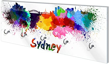 Wallario Wandgarderobe aus Glas in Größe 80 x 30 cm mit Memoboard-Funktion, Motiv: Städte als Aquarell - Skyline von Sydney | 5 Kleiderhaken zum Aufhängen von Jacken