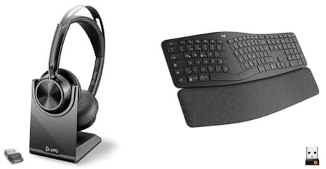 Plantronics Voyager Focus 2 UC schnurloses Headset + Ladestation & Logitech Ergo K860 kabellose ergonomische Tastatur – Geteilte Tastatur