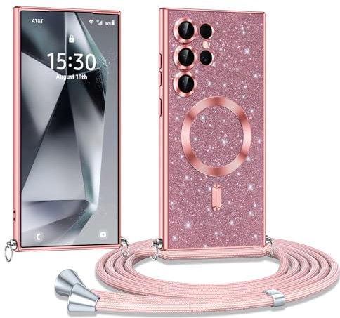 Phoona Coque pour Samsung Galaxy S24 Ultra 5G avec Cordon, Etui à Paillettes Compatible avec MagSafe, Antichoc Protection Coque pour Magnétique avec Réglable Collier, Rosa