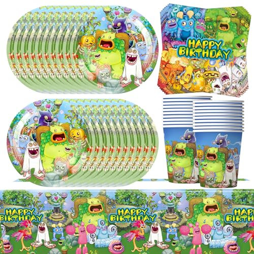 61Pcs Monster Birthday Party Decorations - Singing Tableware Set Includes Plates, Cups, Napkins and Tablecloth for 20 Guests