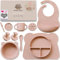 Bubba Bear Lot de 11 couverts pour bébé en silicone antidérapant avec ventouse, sans BPA, avec cuillère, fourchette, bol, bavoir, gobelet d'apprentissage, rose poussiéreux