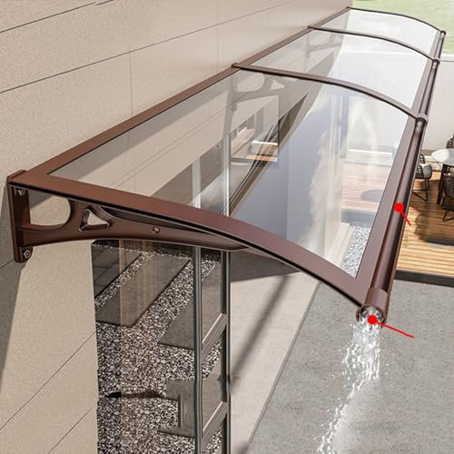 Window Door Canopy Aluminum Bracket Brown Outdoor Awning Waterproof, Front Door Awnings Exterior with Large Sink for Rain and Snow,Transparent Polycarbonate Cover Patio (150 x 600cm)