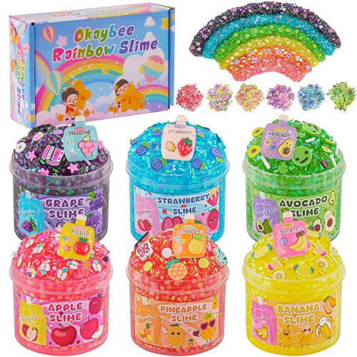 Okaybee 6er-Pack Bingsu Slime Set, Regenbogen Schleim für Kinder, Schleim Party Geschenke, Sensorisches Spielzeug, Feiertags Geburtstags Ostern Halloween Mädchen und Jungen