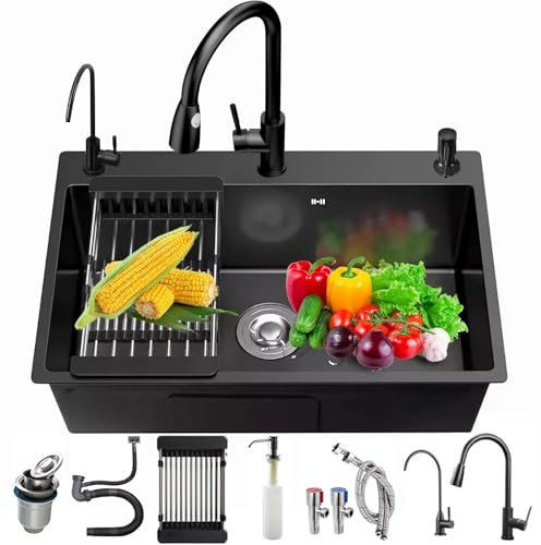 Fregadero de cocina Fregadero negro de acero inoxidable 304 para bar, balcón, bar y cocina con dispensador de jabón, grifo y juego de desagüe (gris oscuro, 80 x 50 cm)