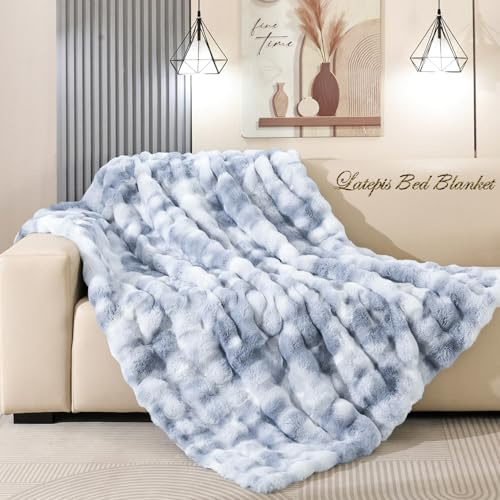 Latepis Kuscheldecke Flauschig Felldecke Kunstfell Sofadecke 130x150 cm Blau Kuschelig Bubble Decke Dicke Kuscheldecke Plüschdecke Wohndecke Warme Winter Decke Bett Schlafzimmer Sofa Kaninchen Decken