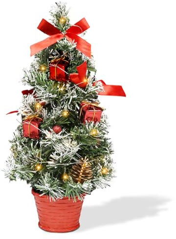 Mini Weihnachtsbaum, Künstlicher Weihnachtsbaum, 40 cm Weihnachtsbaum Kleiner Weihnachtsbaum mit 20 LED-Lichtern, Tannenzapfen, Weihnachtskugeln, Verwendbar als Zuhause, Büro, Tischdekoration (Rot)