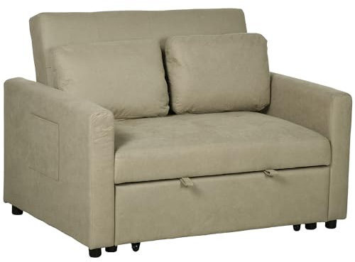 HOMCOM 2 Seater Sofa Bed, Convertible Bed Settee, Modern Fabric Loveseat Sofa Couch with 2 Cushions, Side Pockets for Living Room, Guest Room, Light Brown