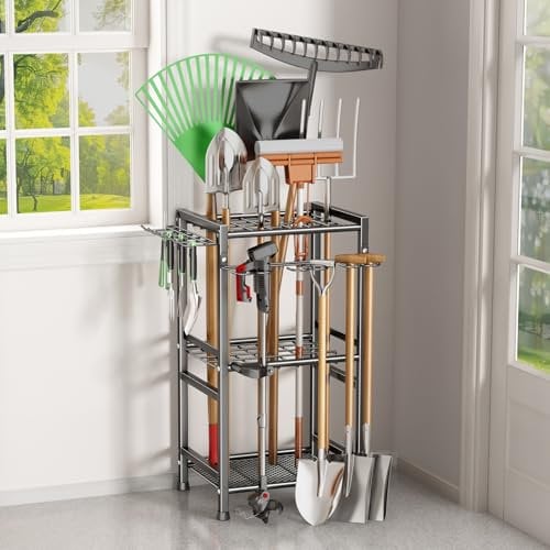 CICUFY Garden Tool Organizer Storage Metal Yard Tool Organizer Heavy Duty Garden Tool Rack Stand with Extra Hooks, Up To 35 Long Handled Shovels/Rakes/Brooms Holder for Garage,Shed,Outdoor(Black)
