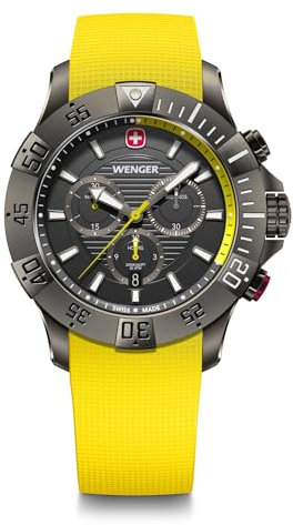WENGER Herren Armbanduhr Seaforce Chronograph Ø 43 mm, Swiss Made, Analog Quarz, Wasserdicht bis 200 m, Silikon-Armband, Schwarz/Gelb, 01.0643.129
