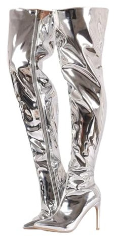 Stivali Sopra Il Ginocchio Da Donna, Stivali Alti Alla Coscia Color Argento Di Grandi Dimensioni Con Tacco A Spillo E Cerniera Laterale Stivali Lunghi A Punta, 11 Cm/4,33 Pollici , 48 EU,Silver