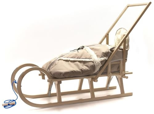 HolzFee Schlitten Baby mit Fußsack Hörnerschlitten Holzschlitten Baran Baby 120 mit Lehne Schieber mit Farbauswahl (Beige)