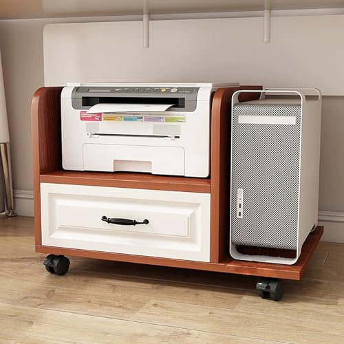 Under Desk Printer Stand with Drawer and Wheels CPU Stand Rolling Cart for Computer Tower Shredder Fax Machine Copier Scanner Brown